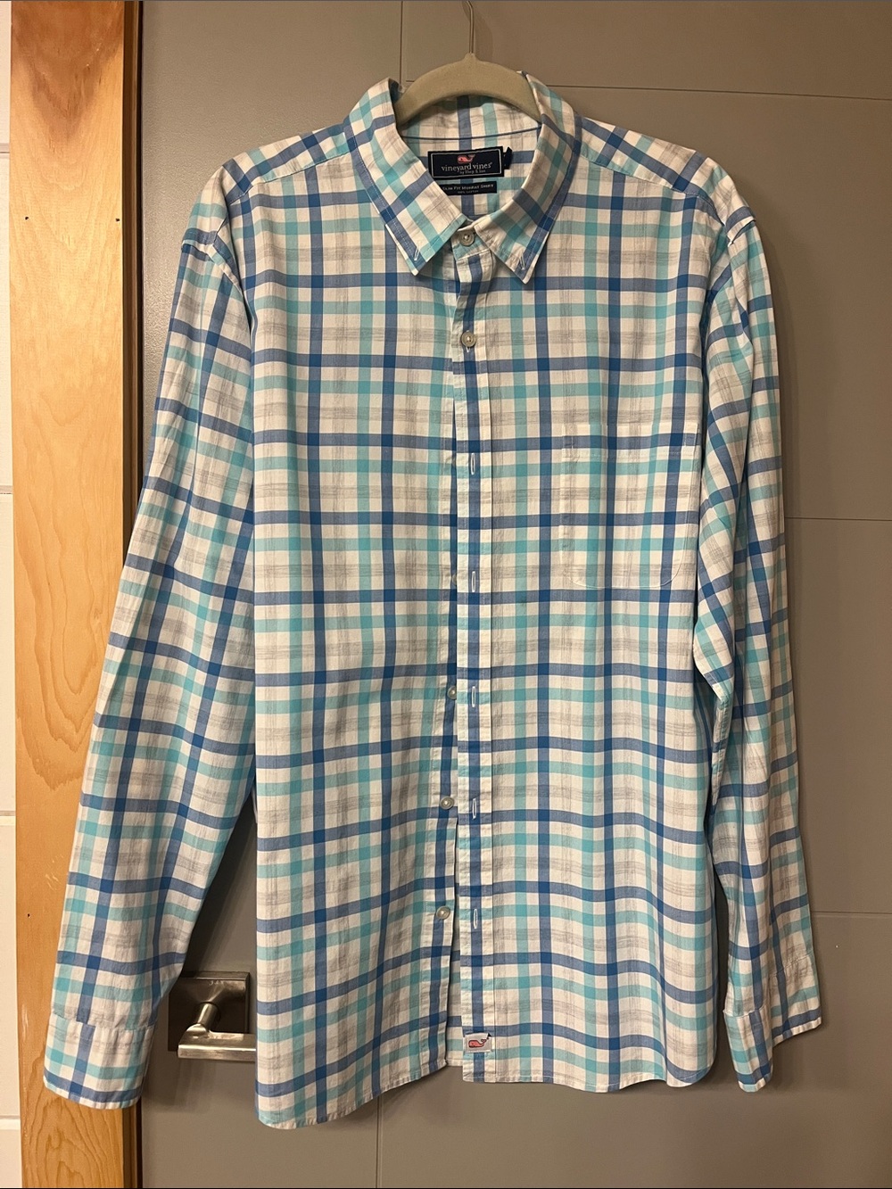 Vineyard Vines Teal, Light Blue & Navy Plaid Button-Down Shirt XL